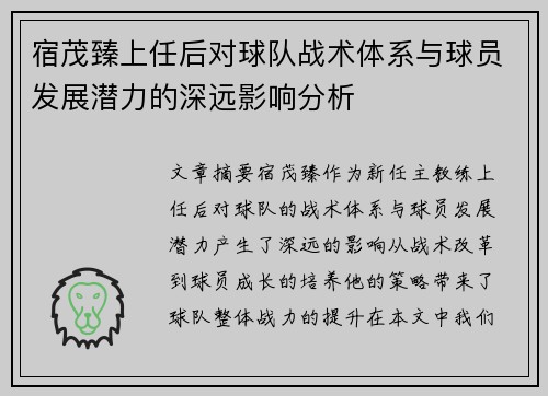宿茂臻上任后对球队战术体系与球员发展潜力的深远影响分析